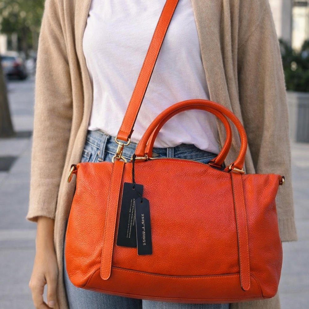#3003 NWT Ora Delphine Genuine Leather Satchel Orange Crossbody Bag